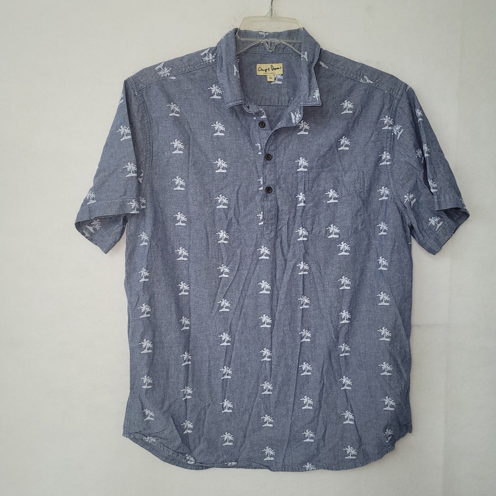 Chip & Pepper Popover‎ Shirt Mens Large Blue Palm Tree Print Cotton Short Sleeve